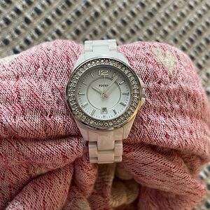 Fossil CE1053 Women's White Ceramic Analog Dial Quartz Diamond Wristwatch